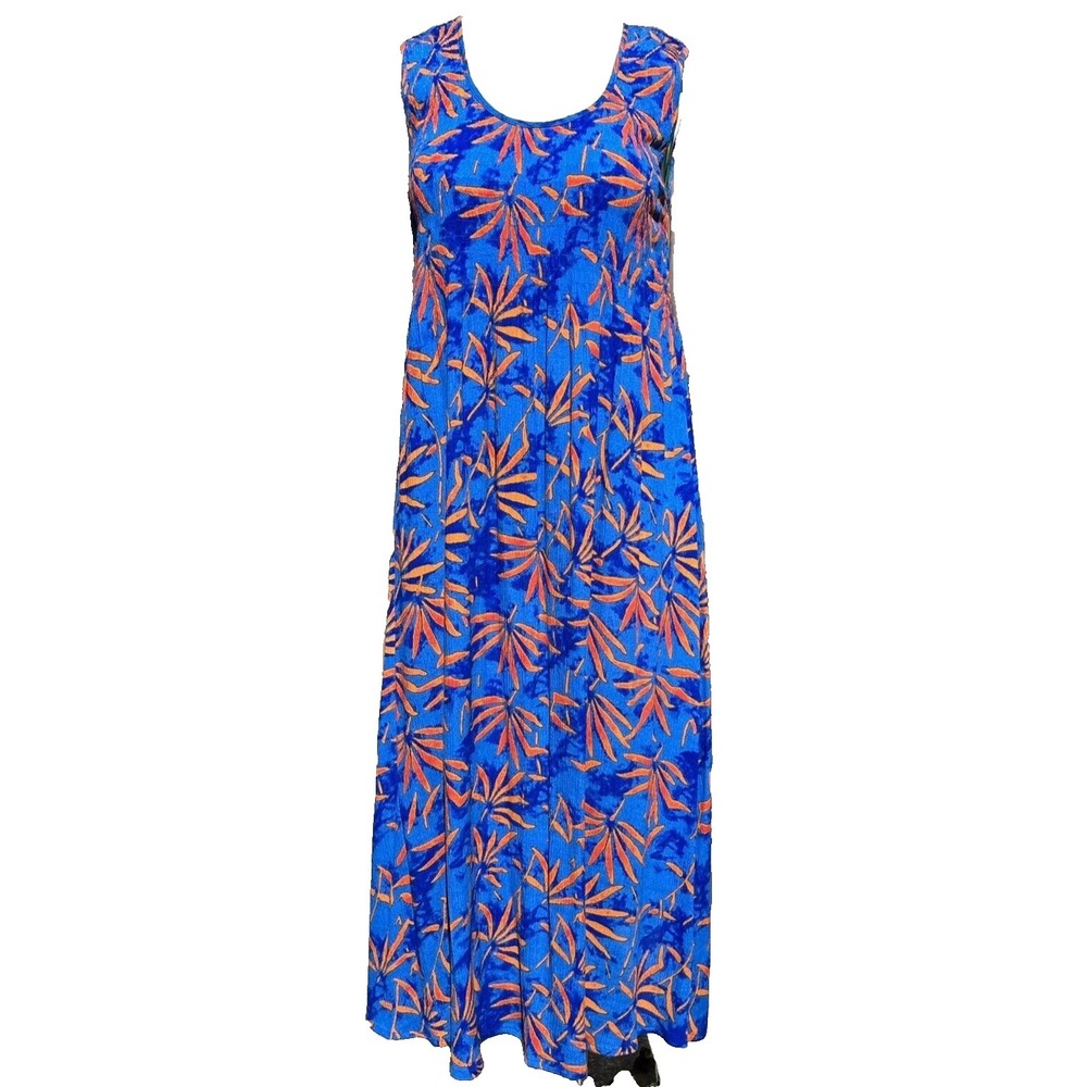 Soft Surroundings Maxi Dress Medium Blue Orange Floral Smocked Tropical Retreat